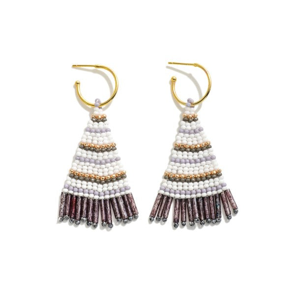 Hoop Earrings Featuring Striped Seed Bead Tassel Gray