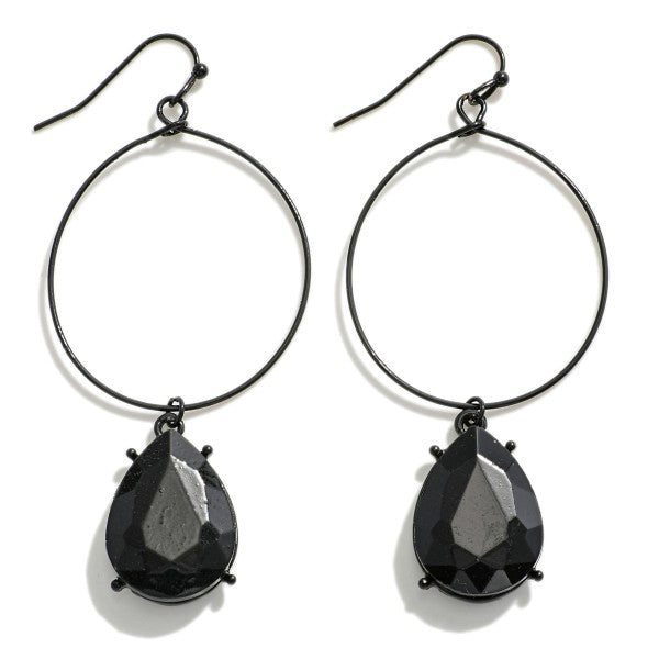 Wire Loop Drop Earrings Featuring Linked Pear Cut Rhinestone Charms Black
