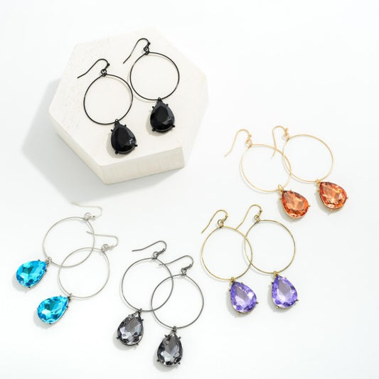 Wire Loop Drop Earrings Featuring Linked Pear Cut Rhinestone Charms