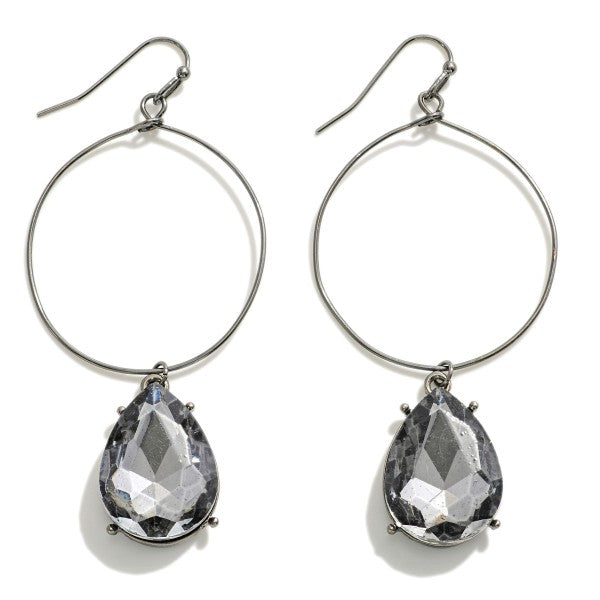 Wire Loop Drop Earrings Featuring Linked Pear Cut Rhinestone Charms Hematite