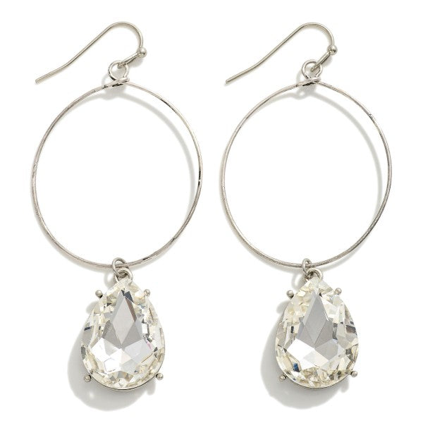 Wire Loop Drop Earrings Featuring Linked Pear Cut Rhinestone Charms Crystal
