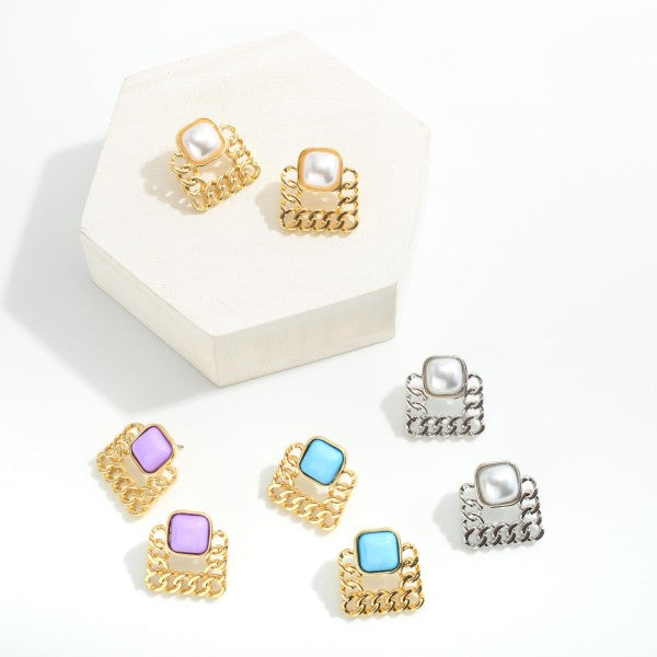 Metal Chain Link Square Post Drop Earrings Featuring Inlayed Stud Accents