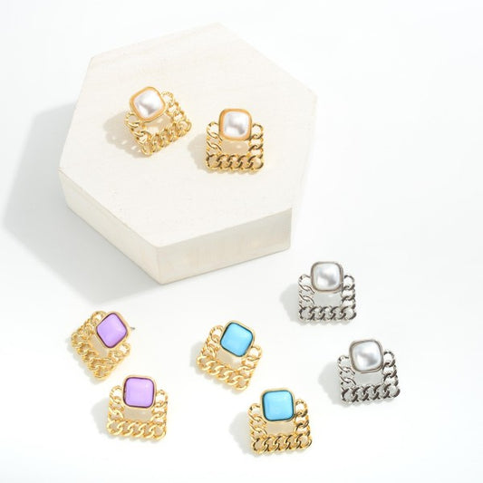 Metal Chain Link Square Post Drop Earrings Featuring Inlayed Stud Accents