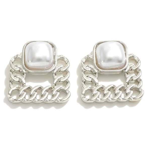 Metal Chain Link Square Post Drop Earrings Featuring Inlayed Stud Accents Silver