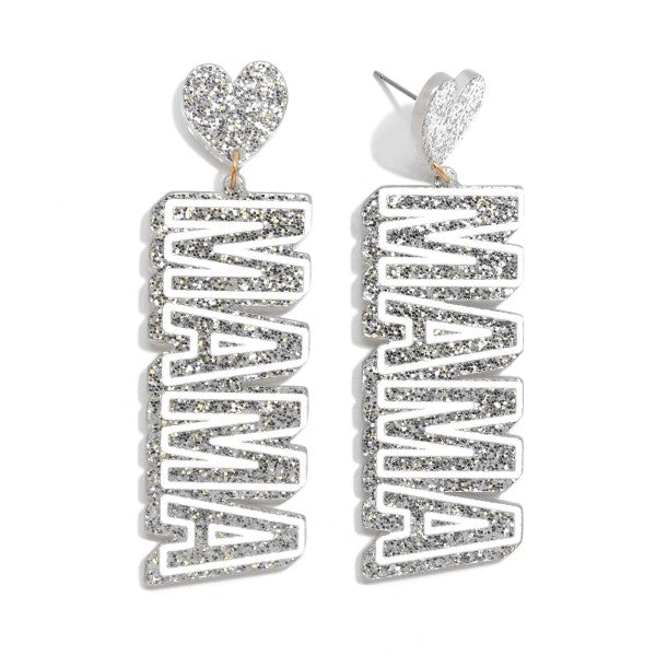 Glitter Acetate MAMA Drop Earrings With Heart Accents Silver