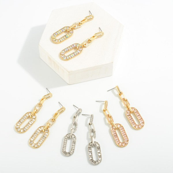 Rhinestone Studded Tapered Chain Link Drop Earrings