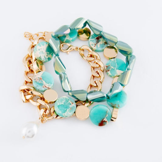 Chunky Semi Precious Pearl Chain Link Statement Bracelet Set