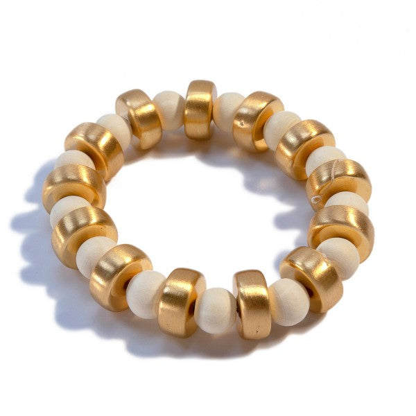 Chunky Gold Tone Wood Beaded Stretch Bracelet Default Title
