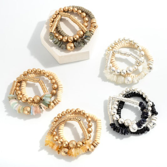 Set of Three Beaded Stretch Bracelet Featuring Stone, Gold Disco and Ornate Beads