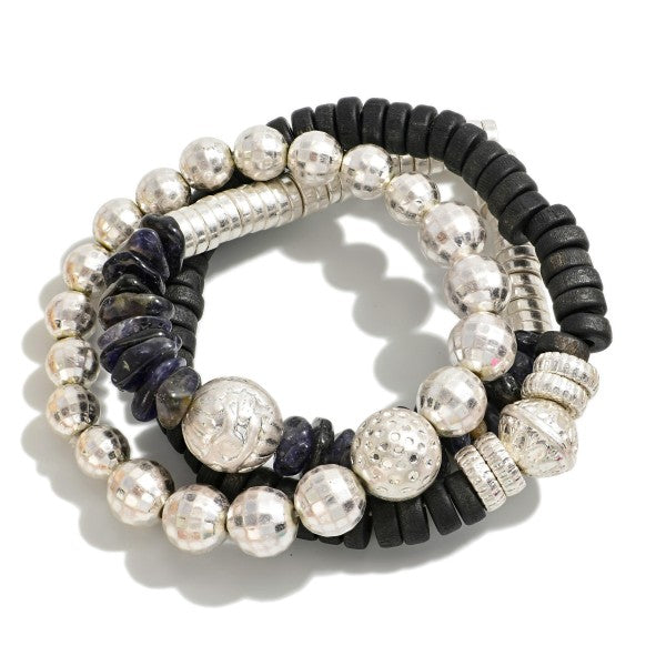 Set of Three Beaded Stretch Bracelet Featuring Stone, Gold Disco and Ornate Beads Black