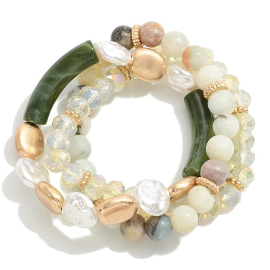 Set of 3 Beaded Stretch Bracelet Featuring Faceted, Tube and Natural Stone Beads Default Title