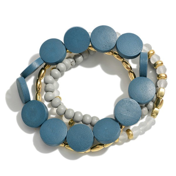 Set of Four Beaded Stretch Bracelet Featuring Flat Wood, Faceted & Gold Beads Blue