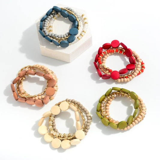 Set of Four Beaded Stretch Bracelet Featuring Flat Wood, Faceted & Gold Beads