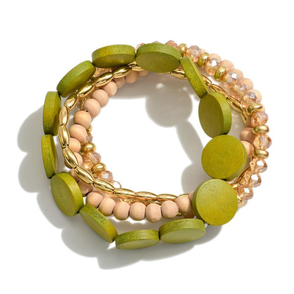 Set of Four Beaded Stretch Bracelet Featuring Flat Wood, Faceted & Gold Beads Olive
