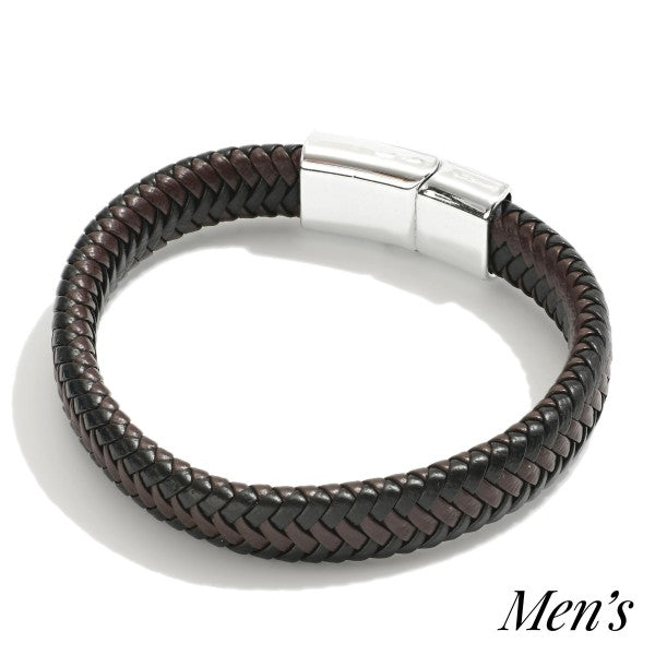 Men's Two-Tone Woven Leather Bracelet With Magnetic Metal Closure Default Title