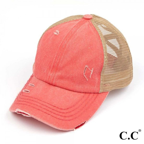 C.C Distressed Criss Cross Pony Cap Adult Coral