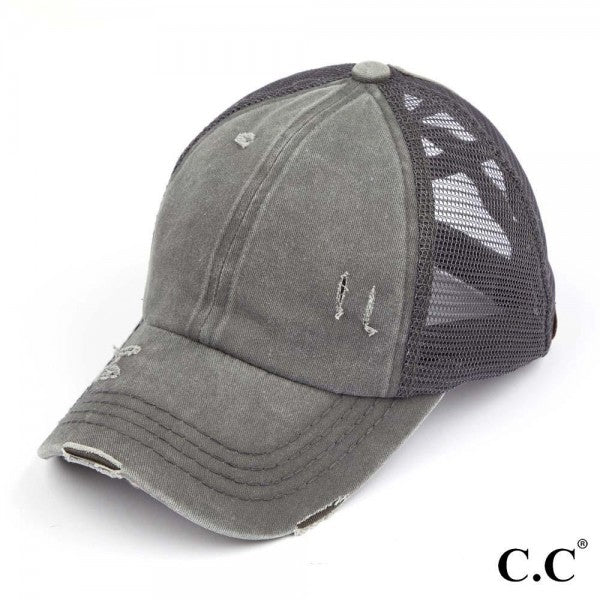 C.C Distressed Criss Cross Pony Cap Adult Grey