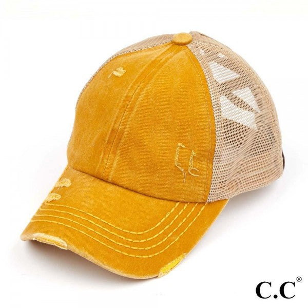 C.C Distressed Criss Cross Pony Cap Adult Mustard