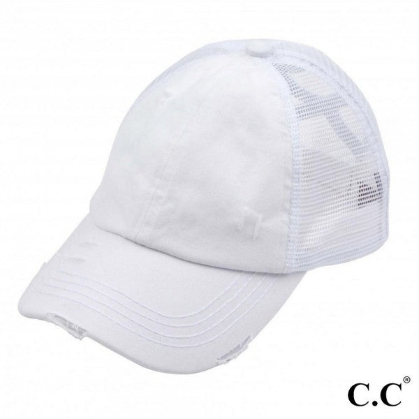 C.C Distressed Criss Cross Pony Cap Adult White