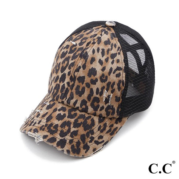 C.C Distressed Criss Cross Pony Cap Adult Baby Leopard