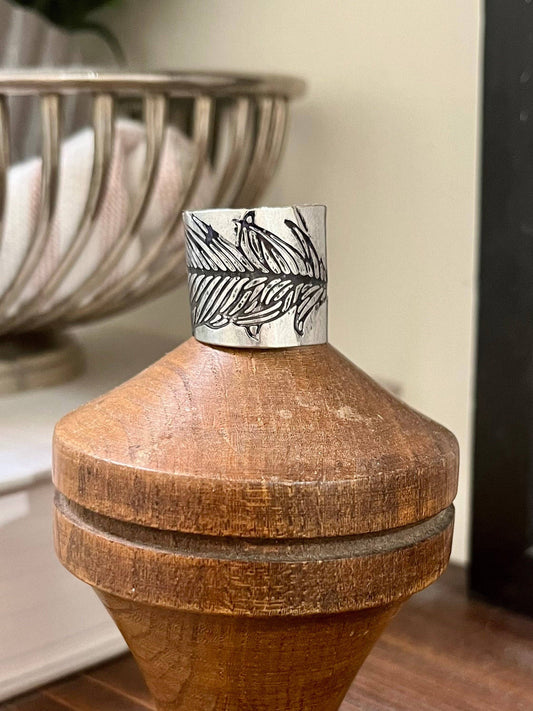 Hand-Embossed Feather Spoon Ring: 11.5