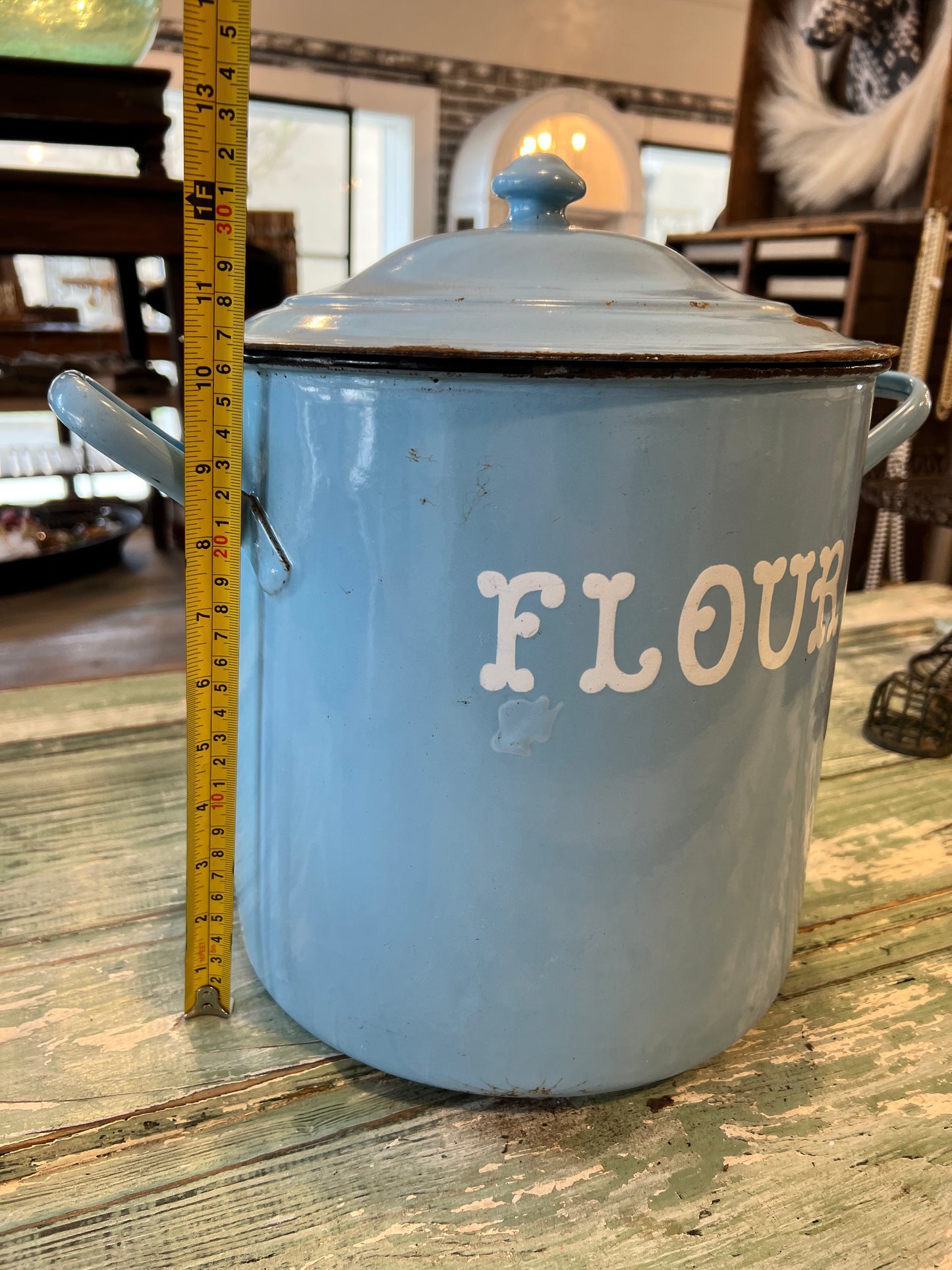Vintage Blue Enamel Flour Bin with Lid