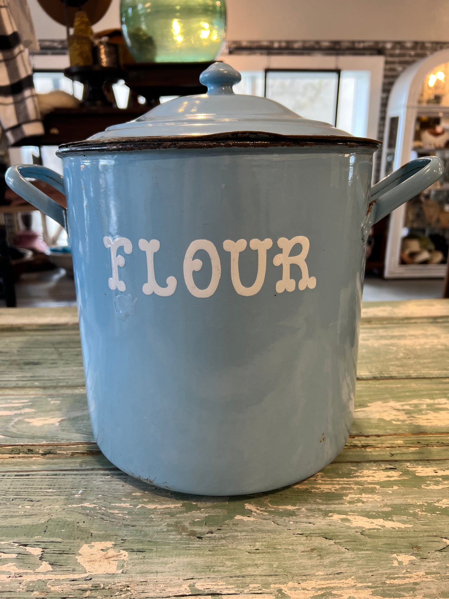Vintage Blue Enamel Flour Bin with Lid