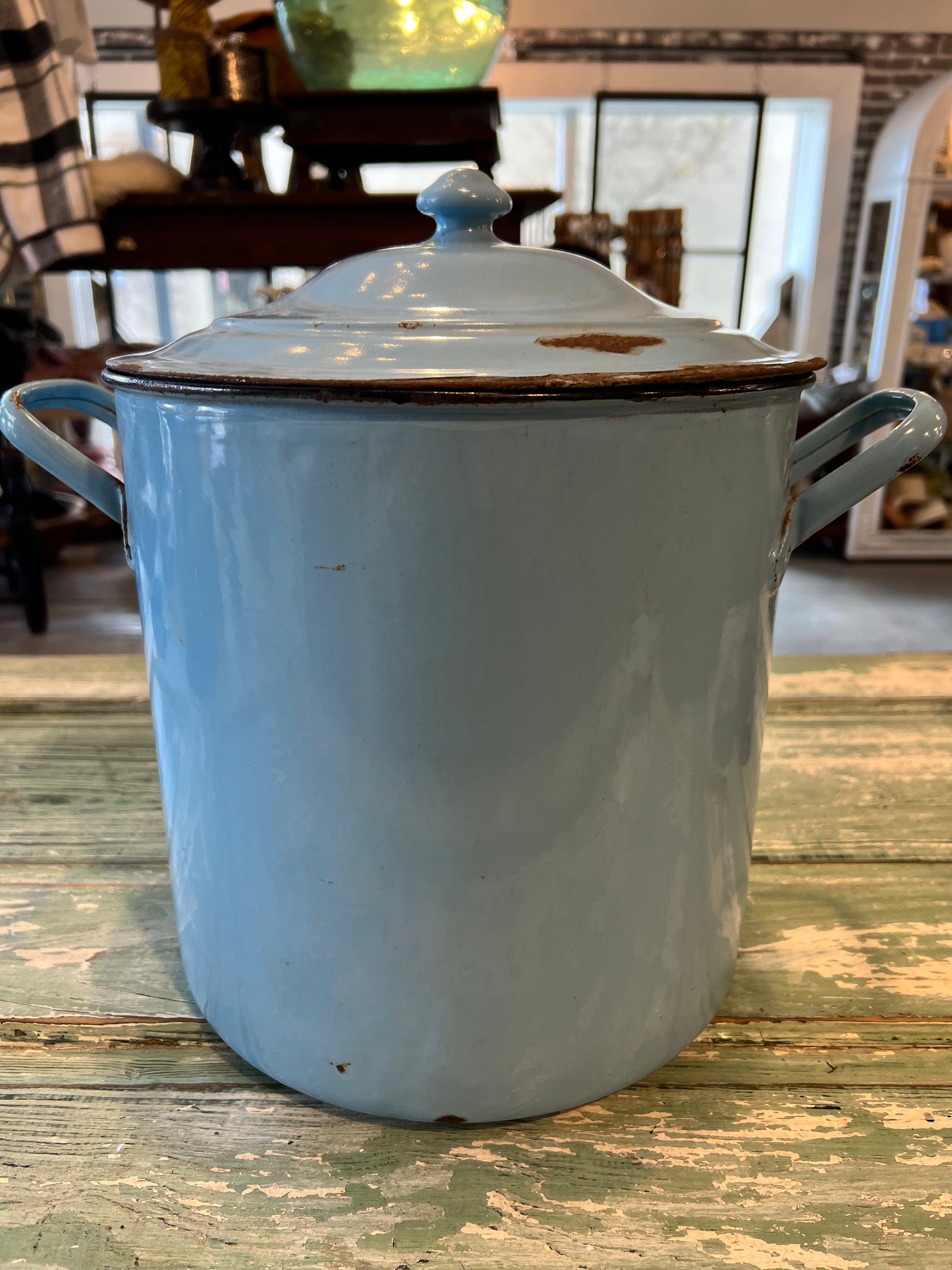Vintage Blue Enamel Flour Bin with Lid